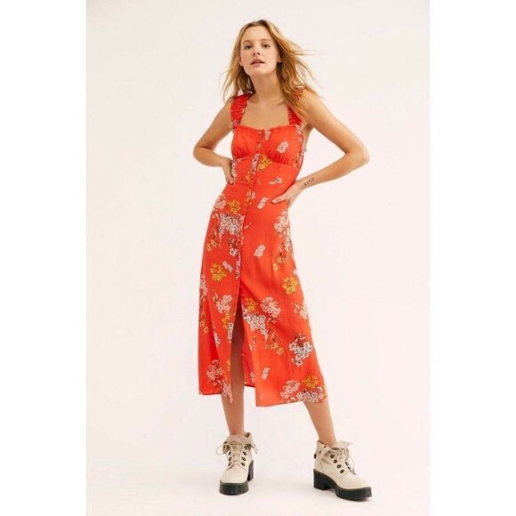 NEW FREE PEOPLE Sz M SCORPIO RISING FLORAL PRINTED SMOCKED MIDI DRESS - Picture 1 of 4